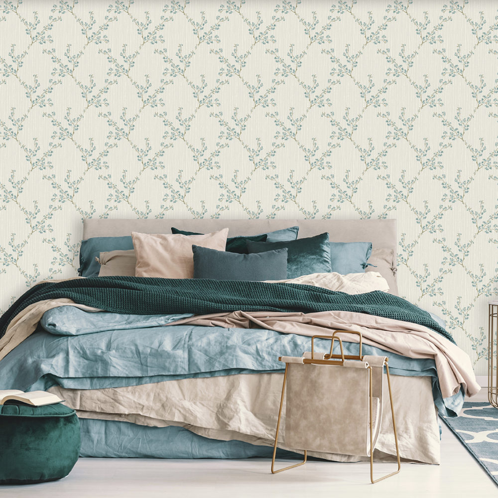 Blue, beige and emerald green bedding on king size bed in contemporary bedroom interior with golden accents; Shutterstock ID 1368897716; purchase_order: -; job: -; client: -; other: -